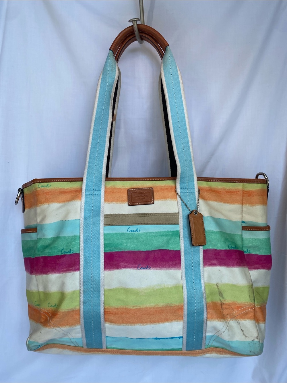 Vintage Coach 10750 Multicolor Striped Canvas Tote Diaper with Light Blue Straps